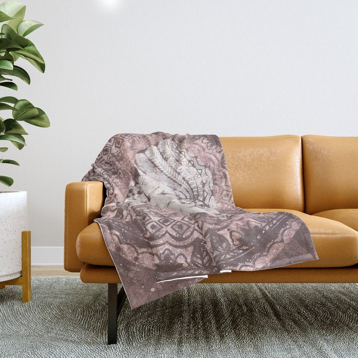 Bohemian, Elephant, Mandala, Blush, Moon Throw Blanket Gallery Image 1