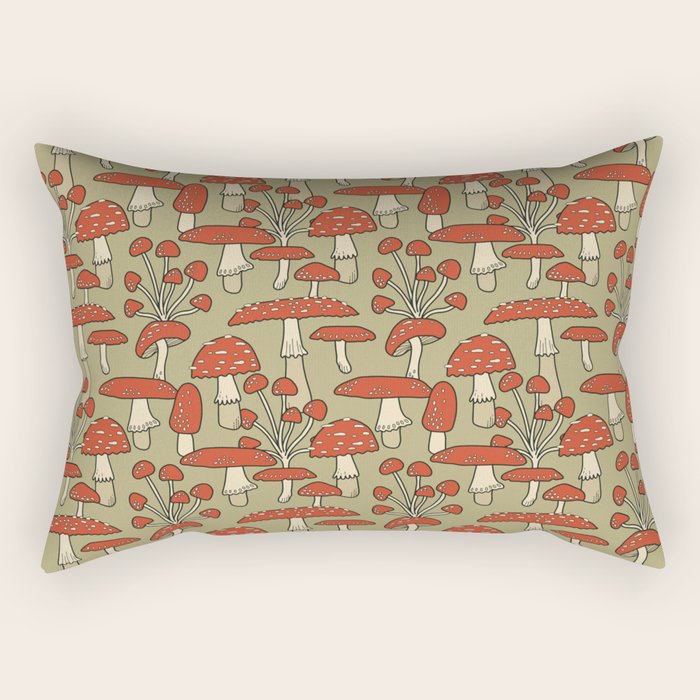 Red Cap Mushrooms on Sage Green Rectangular Pillow Gallery Image 1