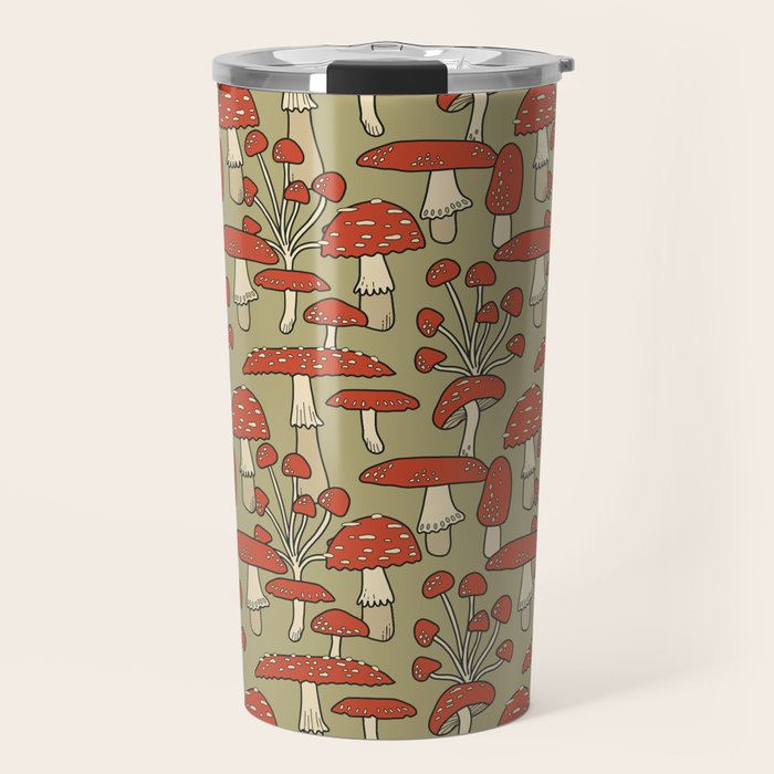 Red Cap Mushrooms on Sage Green Travel Mug Gallery Image 1