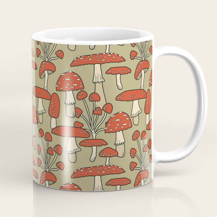 Red Cap Mushrooms on Sage Green Coffee Mug Gallery Image 1