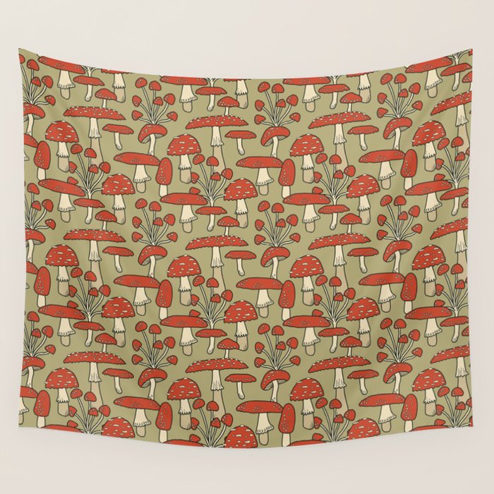 Red Cap Mushrooms on Sage Green Wall Tapestry Gallery Image 1