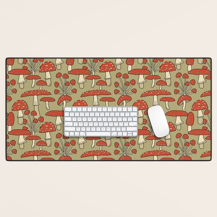 Red Cap Mushrooms on Sage Green Desk Mat Gallery Image 1