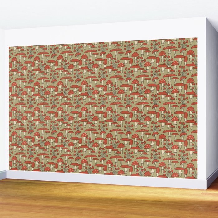 Red Cap Mushrooms on Sage Green Wall Mural Gallery Image 2