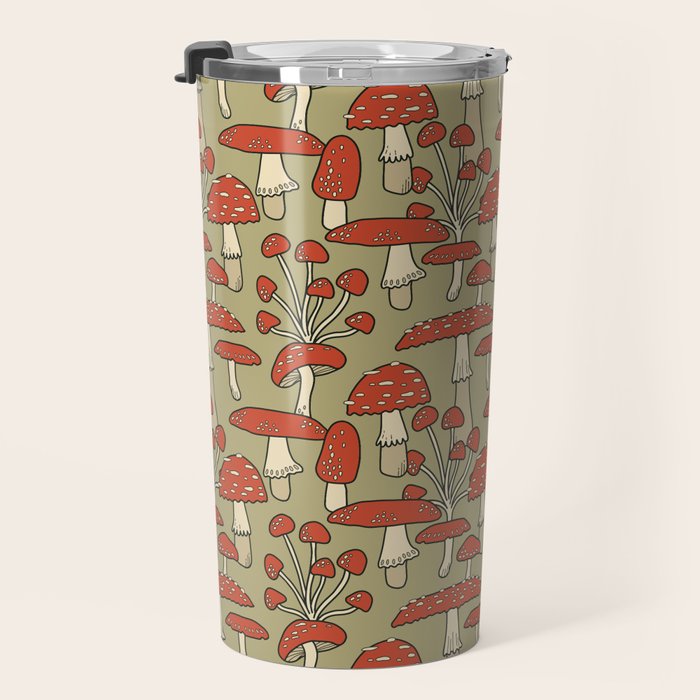 Red Cap Mushrooms on Sage Green Travel Mug Gallery Image 3