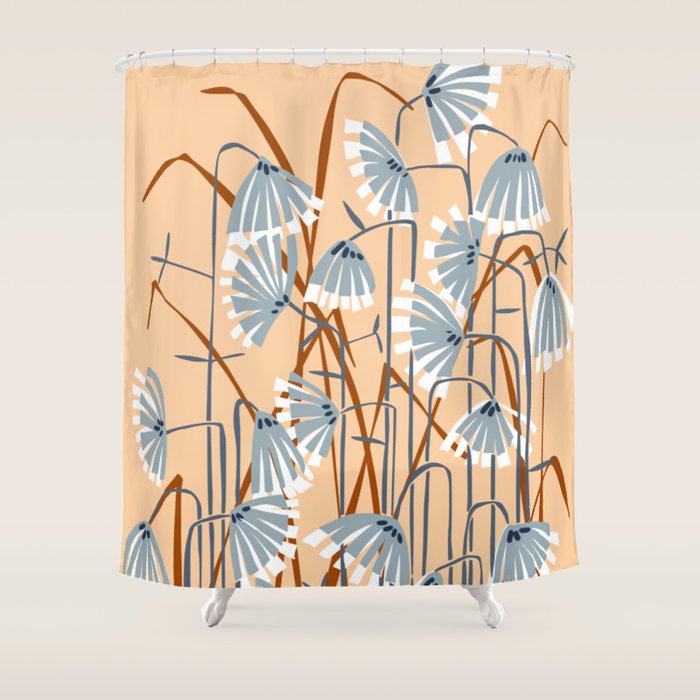 Linocut flower meadow blush Shower Curtain Gallery Image 1