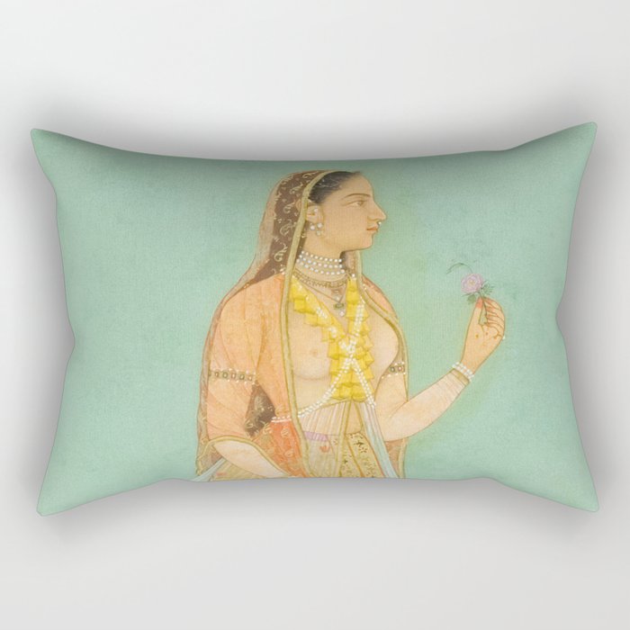 Artist Mughal Title Beauty Holding a Flower Place India Indian Miniature Painting  Rectangular Pillow Gallery Image 1