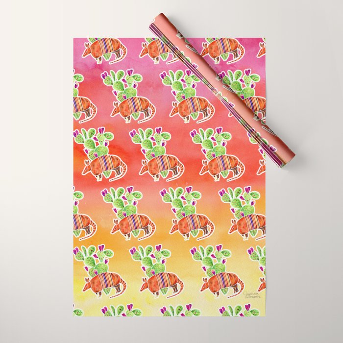 Armadillo and Cactus - Sunset Ombre Background Wrapping Paper Gallery Image 1