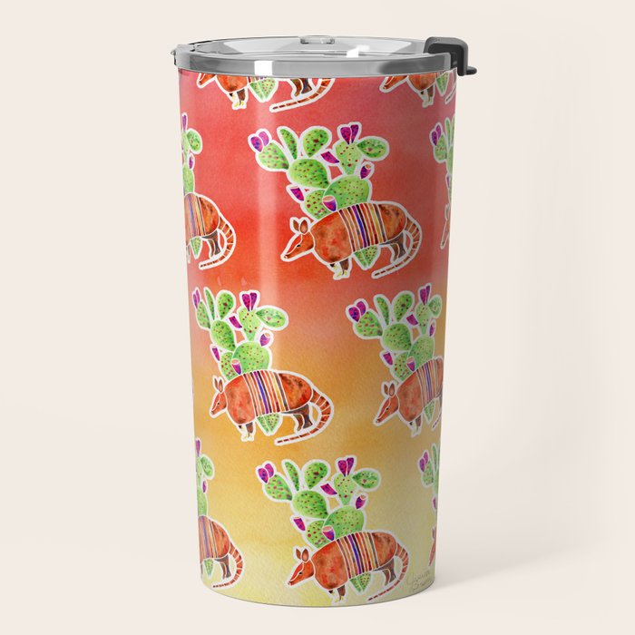 Armadillo and Cactus - Sunset Ombre Background Travel Mug Gallery Image 2
