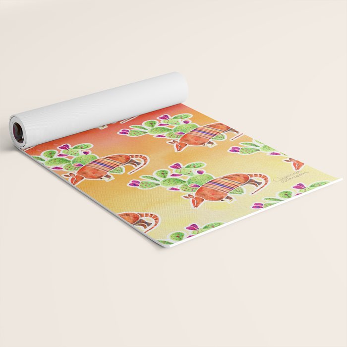 Armadillo and Cactus - Sunset Ombre Background Yoga Mat Gallery Image 2