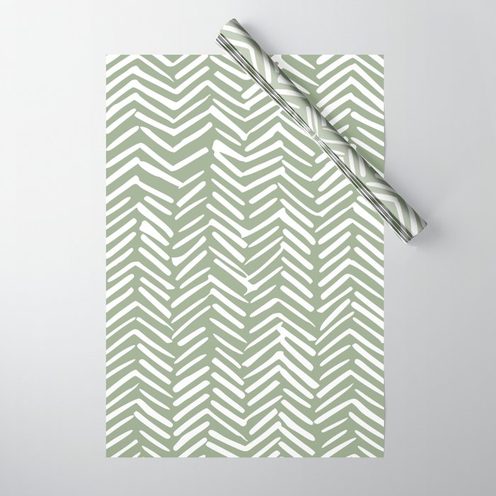 Boho, Abstract, Herringbone Pattern, Sage Green and White Wrapping Paper Gallery Image 1