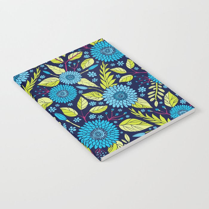 Turquoise Blue, Lime Green, Magenta & Navy Floral Pattern Notebook Gallery Image 2
