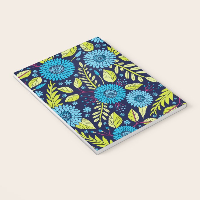 Turquoise Blue, Lime Green, Magenta & Navy Floral Pattern Notebook Gallery Image 3