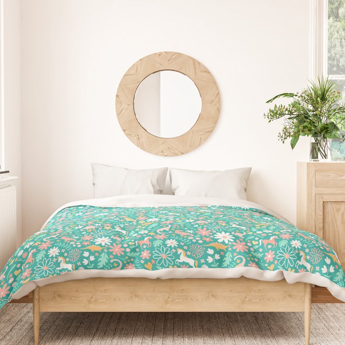 Dinosaurs + Unicorns on Teal Duvet Cover Gallery Image 3