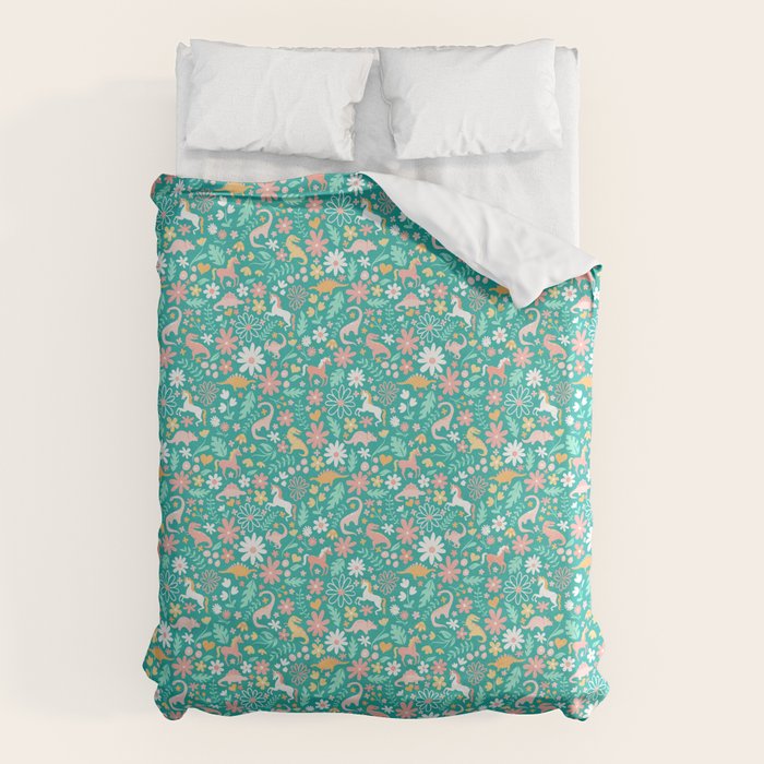 Dinosaurs + Unicorns on Teal Duvet Cover Gallery Image 1