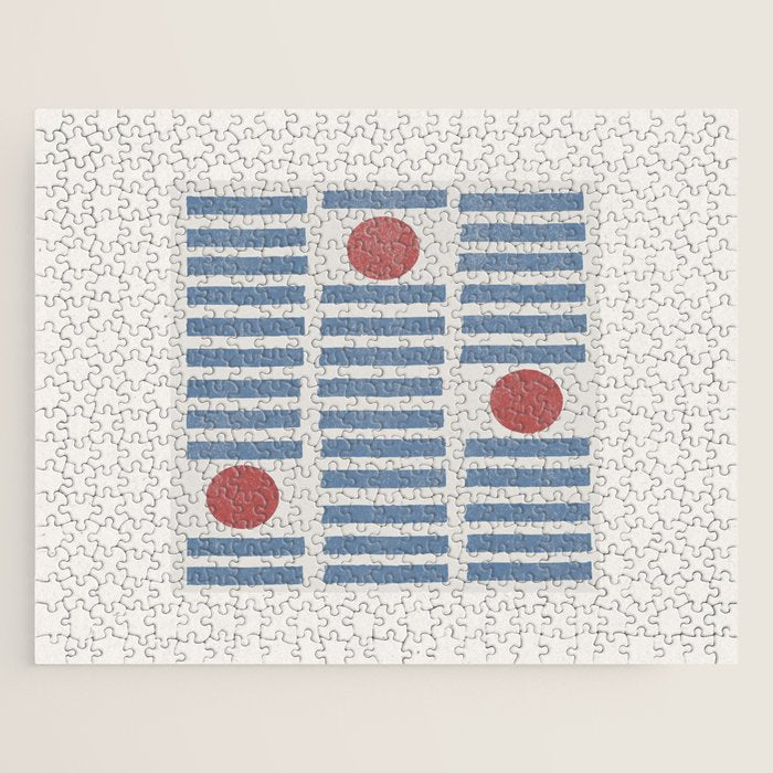 Blue Modern Craft Design Retro Stripes and Circles Jigsaw Puzzle