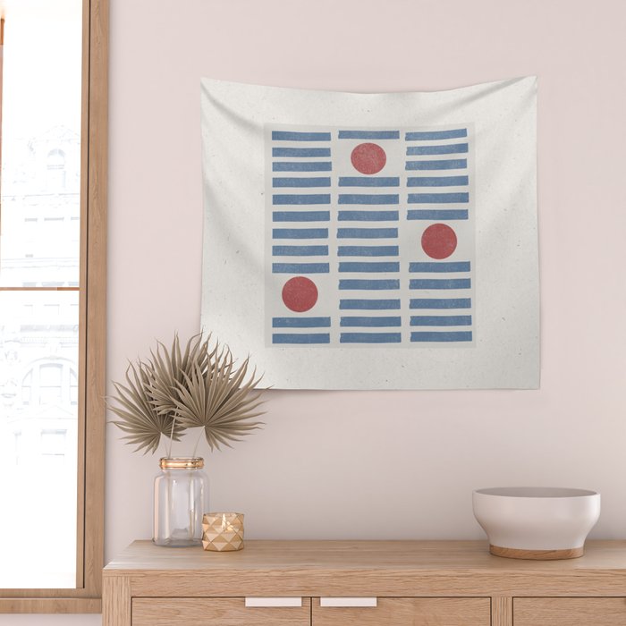 Blue Modern Craft Design Retro Stripes and Circles Wall Tapestry Gallery Image 2