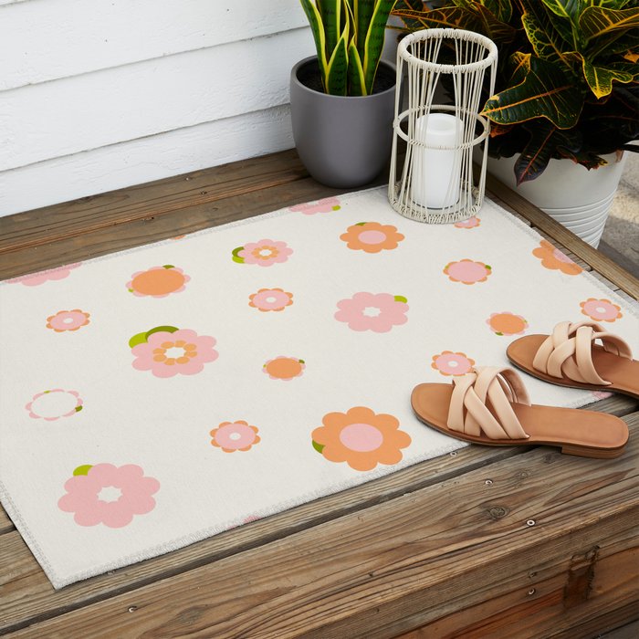 Peach pink and orange flowers pattern Outdoor Rug Gallery Image 2