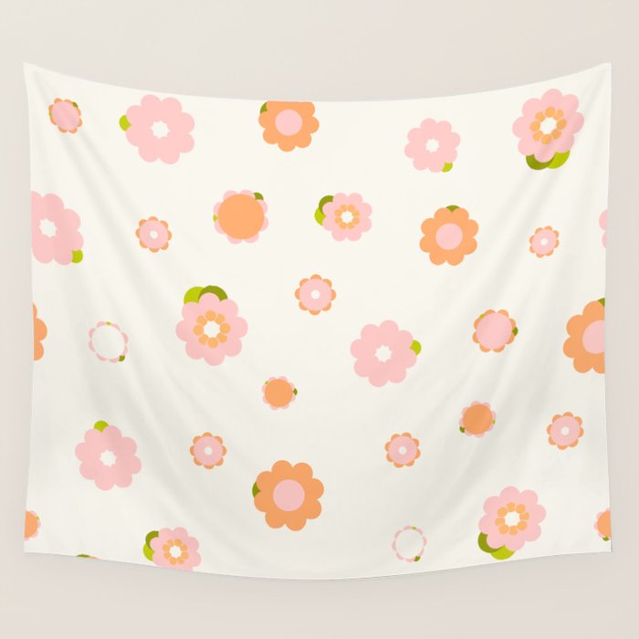 Peach pink and orange flowers pattern Wall Tapestry Gallery Image 1