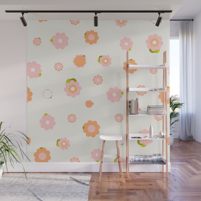 Peach pink and orange flowers pattern Wall Mural Gallery Image 1