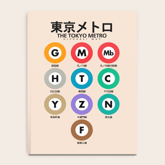 Tokyo subway map print. City metro alphabet poster, japan underground print, japanese city wall art. Notebook Gallery Image 4