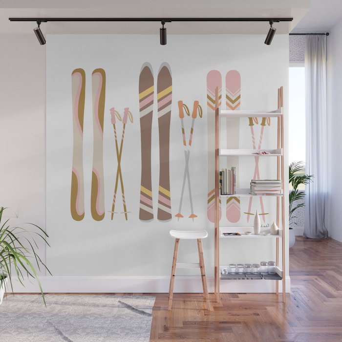 Retro Skis Illustration (Neutral Palette) Wall Mural Gallery Image 1