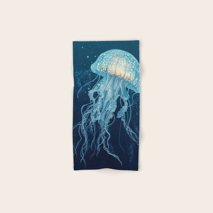 Japandi Wall Art Jellyfish Painting Blue Maximalist Japanese Wall Art Ocean White and Blue Poster Bath Towel Gallery Image 1