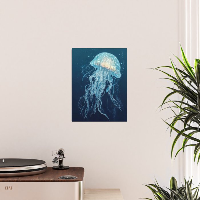 Japandi Wall Art Jellyfish Painting Blue Maximalist Japanese Wall Art Ocean White and Blue Poster Poster Gallery Image 2