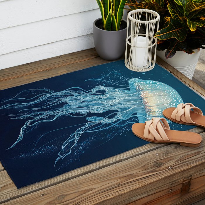 Japandi Wall Art Jellyfish Painting Blue Maximalist Japanese Wall Art Ocean White and Blue Poster Outdoor Rug Gallery Image 2