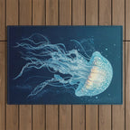 Japandi Wall Art Jellyfish Painting Blue Maximalist Japanese Wall Art Ocean White and Blue Poster Outdoor Rug Gallery Image 1