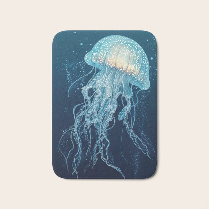 Japandi Wall Art Jellyfish Painting Blue Maximalist Japanese Wall Art Ocean White and Blue Poster Bath Mat Gallery Image 1
