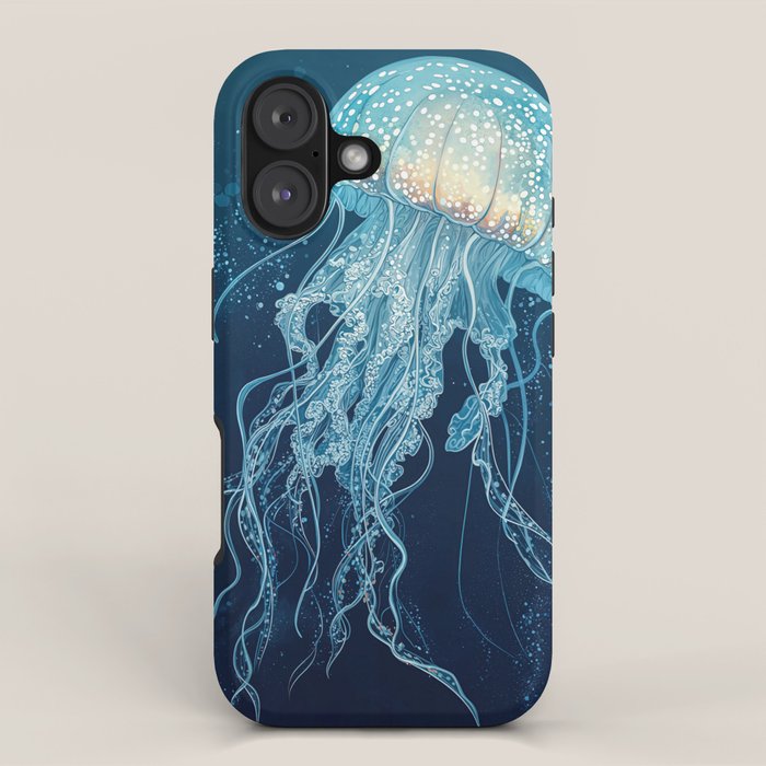 Japandi Wall Art Jellyfish Painting Blue Maximalist Japanese Wall Art Ocean White and Blue Poster iPhone Case Gallery Image 1