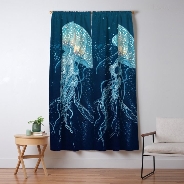 Japandi Wall Art Jellyfish Painting Blue Maximalist Japanese Wall Art Ocean White and Blue Poster Window Curtain Gallery Image 5