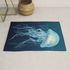 Japandi Wall Art Jellyfish Painting Blue Maximalist Japanese Wall Art Ocean White and Blue Poster Rug Gallery Image 1