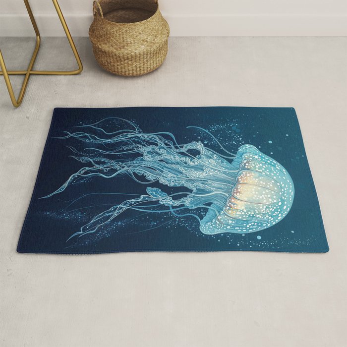 Japandi Wall Art Jellyfish Painting Blue Maximalist Japanese Wall Art Ocean White and Blue Poster Rug Gallery Image 1