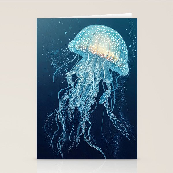 Japandi Wall Art Jellyfish Painting Blue Maximalist Japanese Wall Art Ocean White and Blue Poster Stationery Card Gallery Image 2
