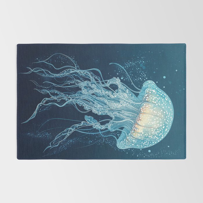 Japandi Wall Art Jellyfish Painting Blue Maximalist Japanese Wall Art Ocean White and Blue Poster Rug Gallery Image 2