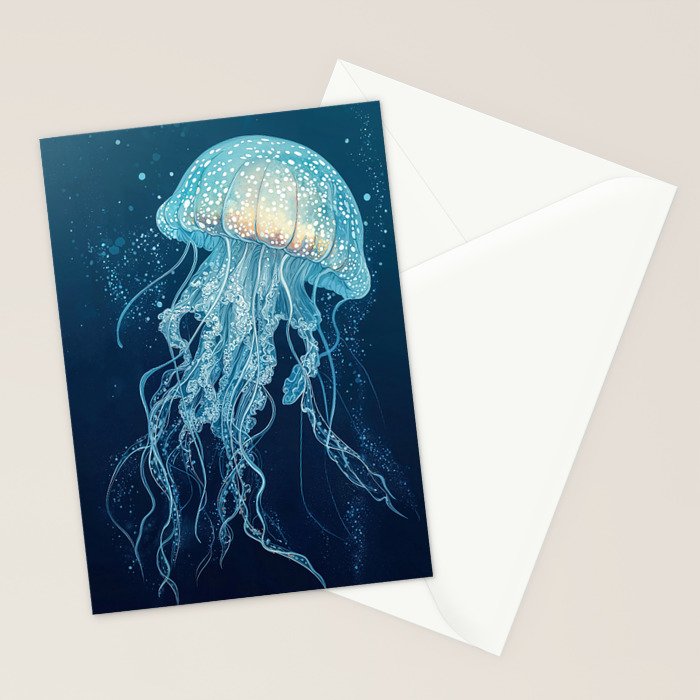 Japandi Wall Art Jellyfish Painting Blue Maximalist Japanese Wall Art Ocean White and Blue Poster Stationery Card Gallery Image 2