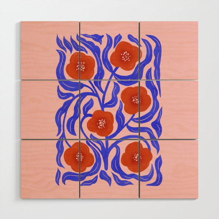Bold Red Flowers And Blue Leaves Wood Wall Art Gallery Image 1