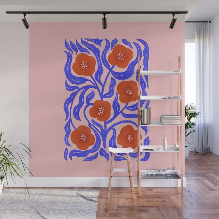 Bold Red Flowers And Blue Leaves Wall Mural Gallery Image 1