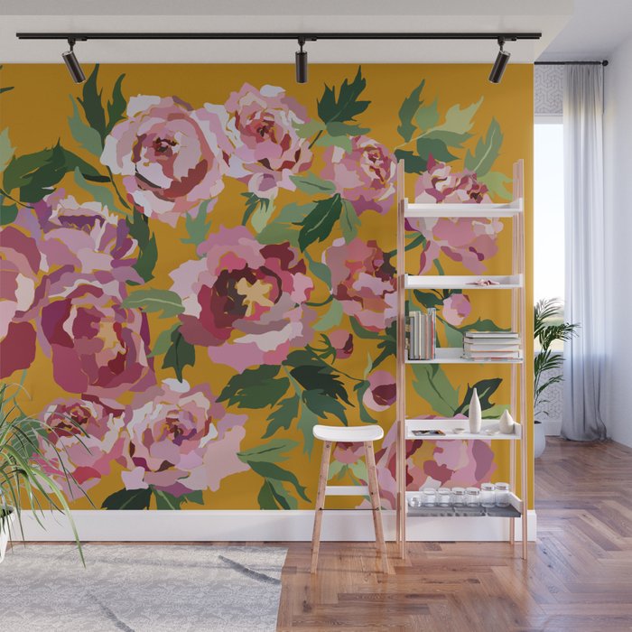 Happy peony with mustard yellow background Wall Mural Gallery Image 1