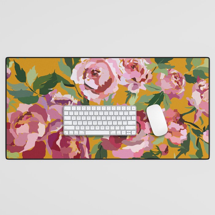 Happy peony with mustard yellow background Desk Mat Gallery Image 1
