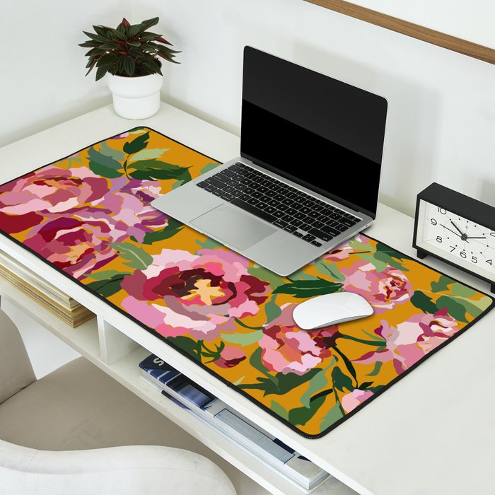 Happy peony with mustard yellow background Desk Mat Gallery Image 2