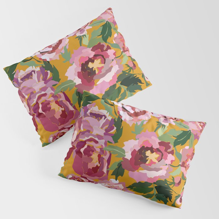 Happy peony with mustard yellow background Pillow Sham Gallery Image 1