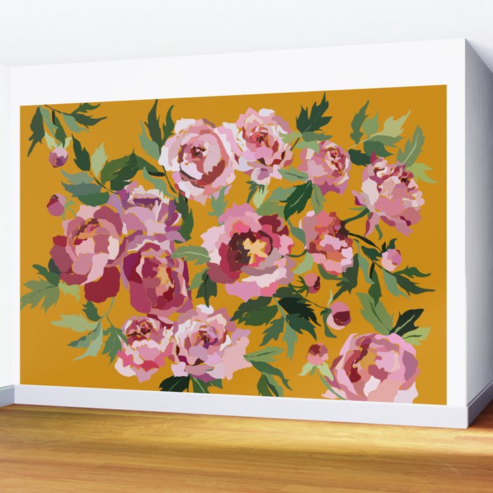 Happy peony with mustard yellow background Wall Mural Gallery Image 2
