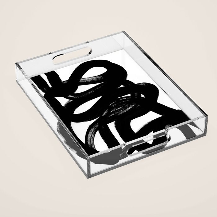 Swirl Black & White Minimalist Abstract Mid century Ink Art Dark Brush Strokes Acrylic Tray Gallery Image 1