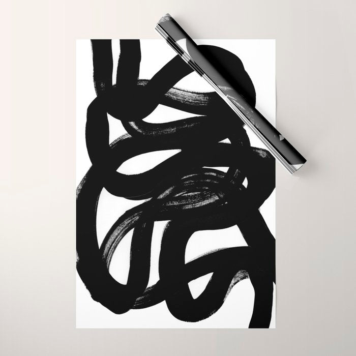 Swirl Black & White Minimalist Abstract Mid century Ink Art Dark Brush Strokes Wrapping Paper Gallery Image 1