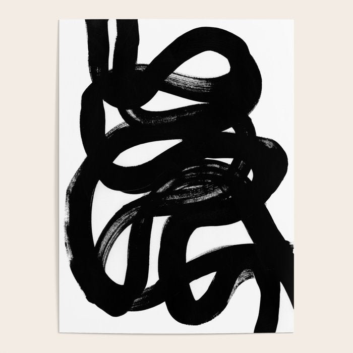 Swirl Black & White Minimalist Abstract Mid century Ink Art Dark Brush Strokes Poster Gallery Image 1