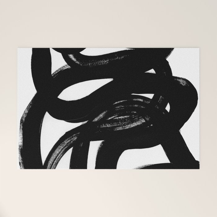 Swirl Black & White Minimalist Abstract Mid century Ink Art Dark Brush Strokes Welcome Mat Gallery Image 1