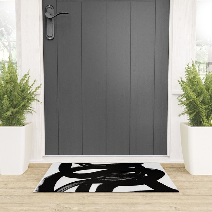 Swirl Black & White Minimalist Abstract Mid century Ink Art Dark Brush Strokes Welcome Mat Gallery Image 3