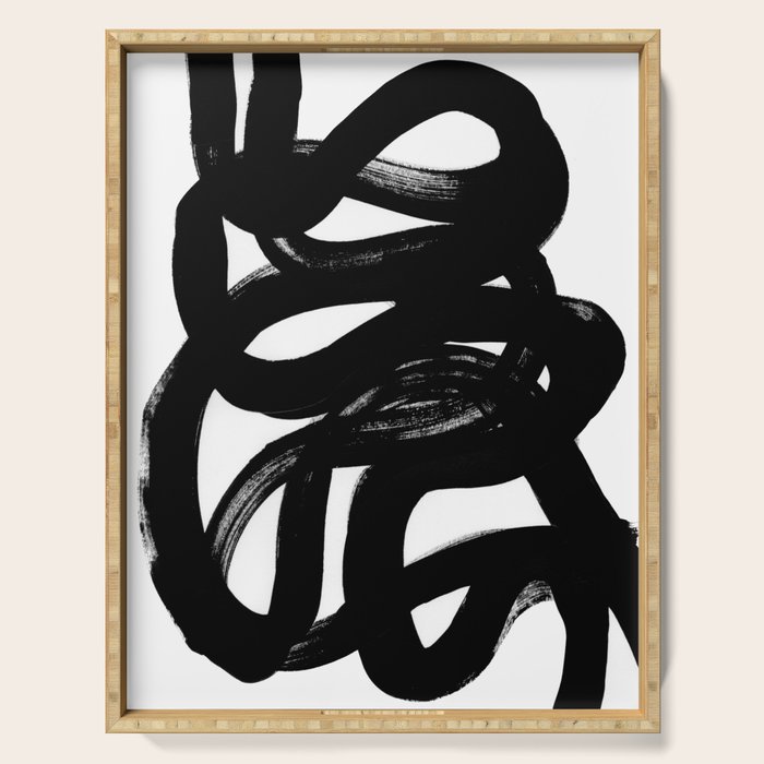 Swirl Black & White Minimalist Abstract Mid century Ink Art Dark Brush Strokes Serving Tray Gallery Image 1
